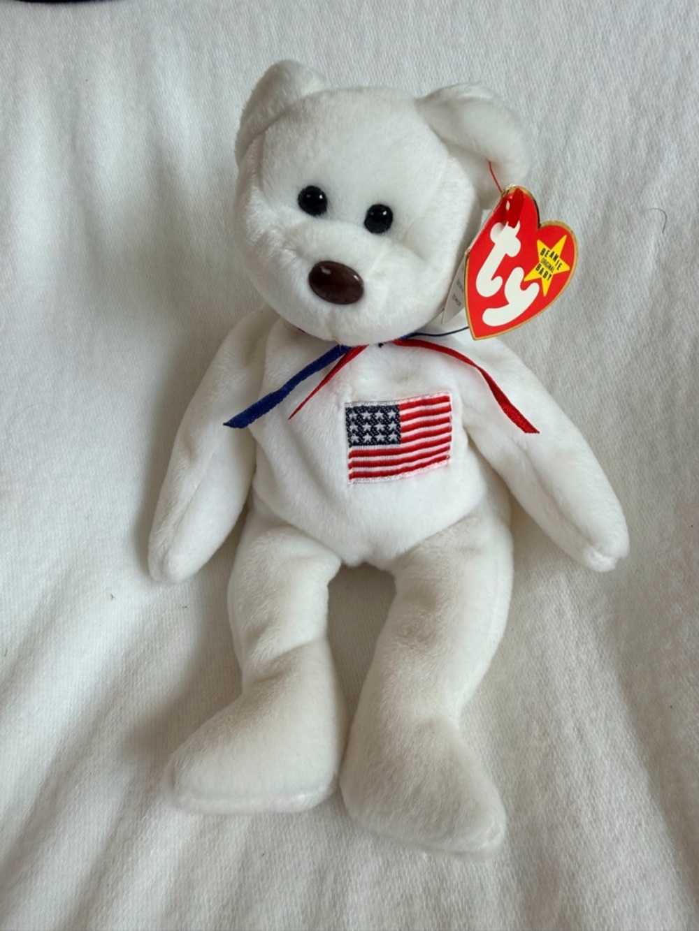 Ty White Bear with Embroidered American Flag and Red & Blue Ribbon Libearty